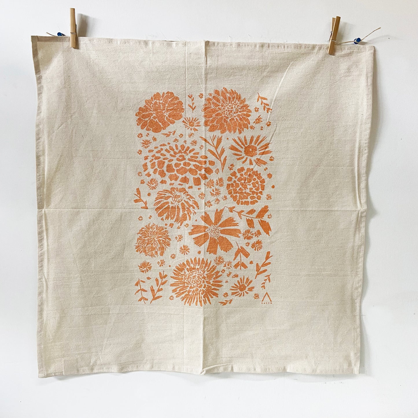Marigold Flowers Orange Hand Printed Organic Tea Towel