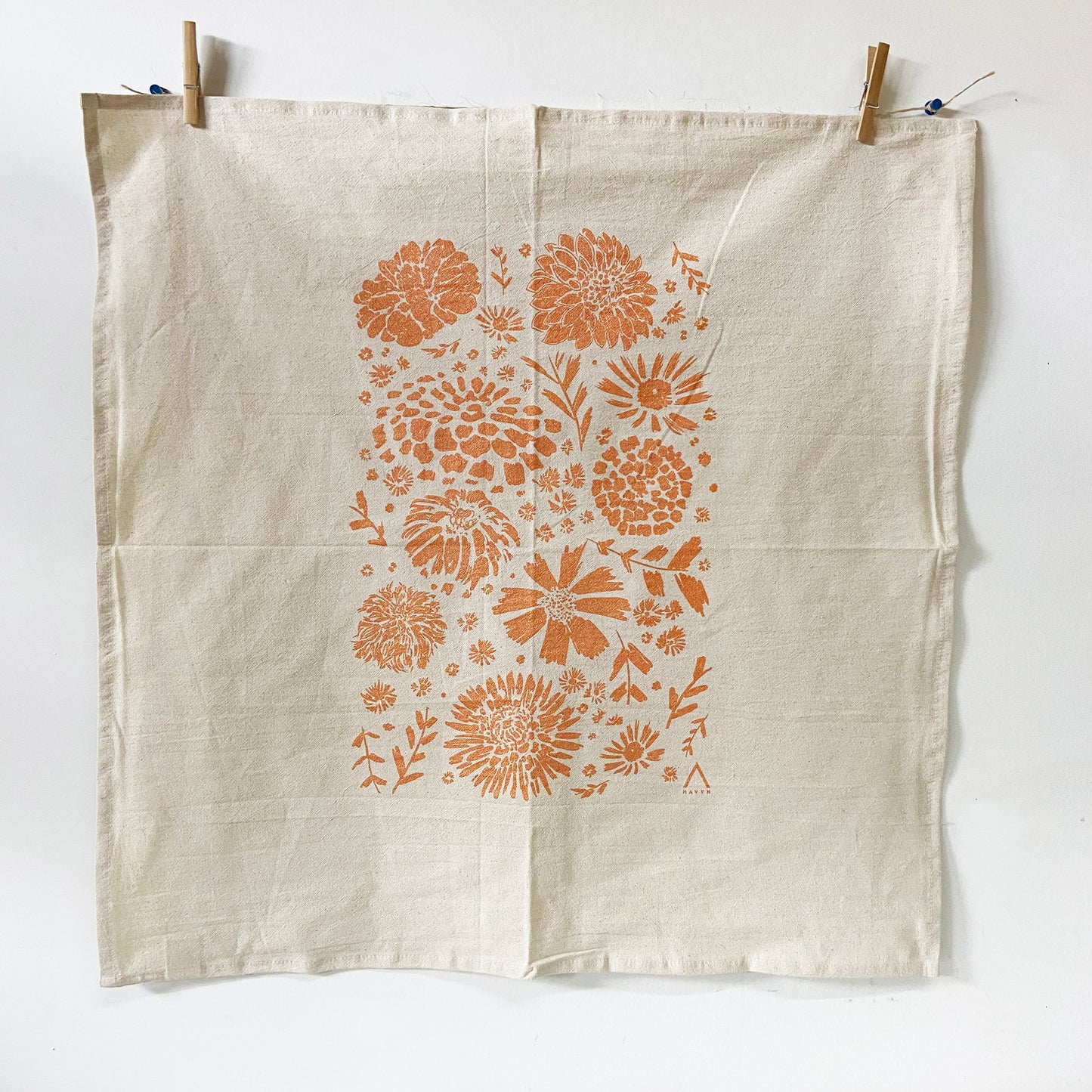 Mellow Marigold Flowers Orange Hand Printed Organic Tea Towel
