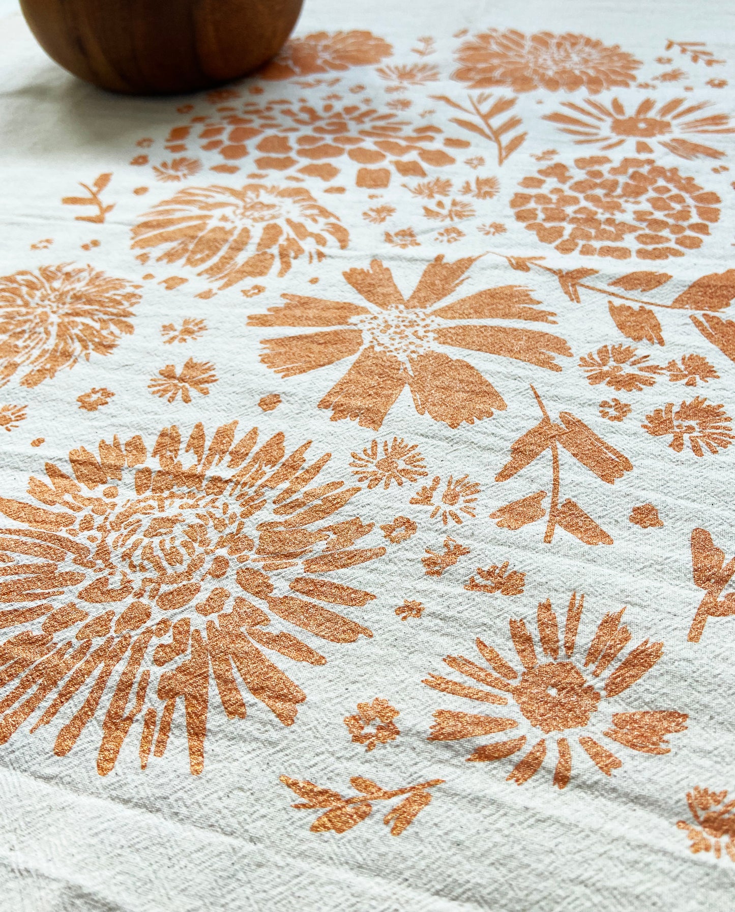 Marigold Flowers Orange Hand Printed Organic Tea Towel