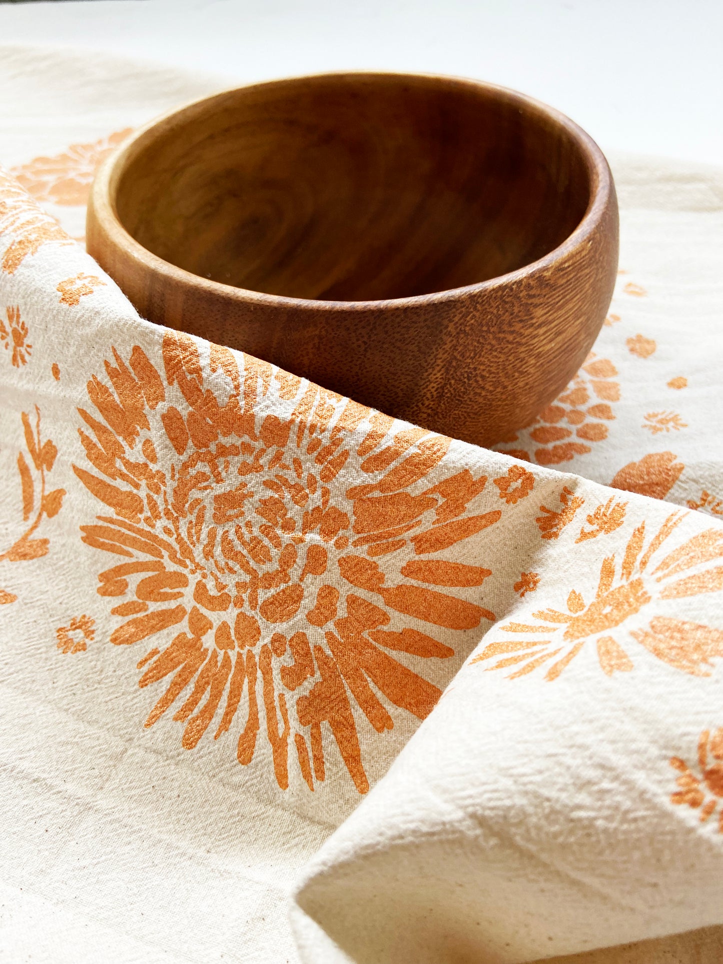 Marigold Flowers Orange Hand Printed Organic Tea Towel