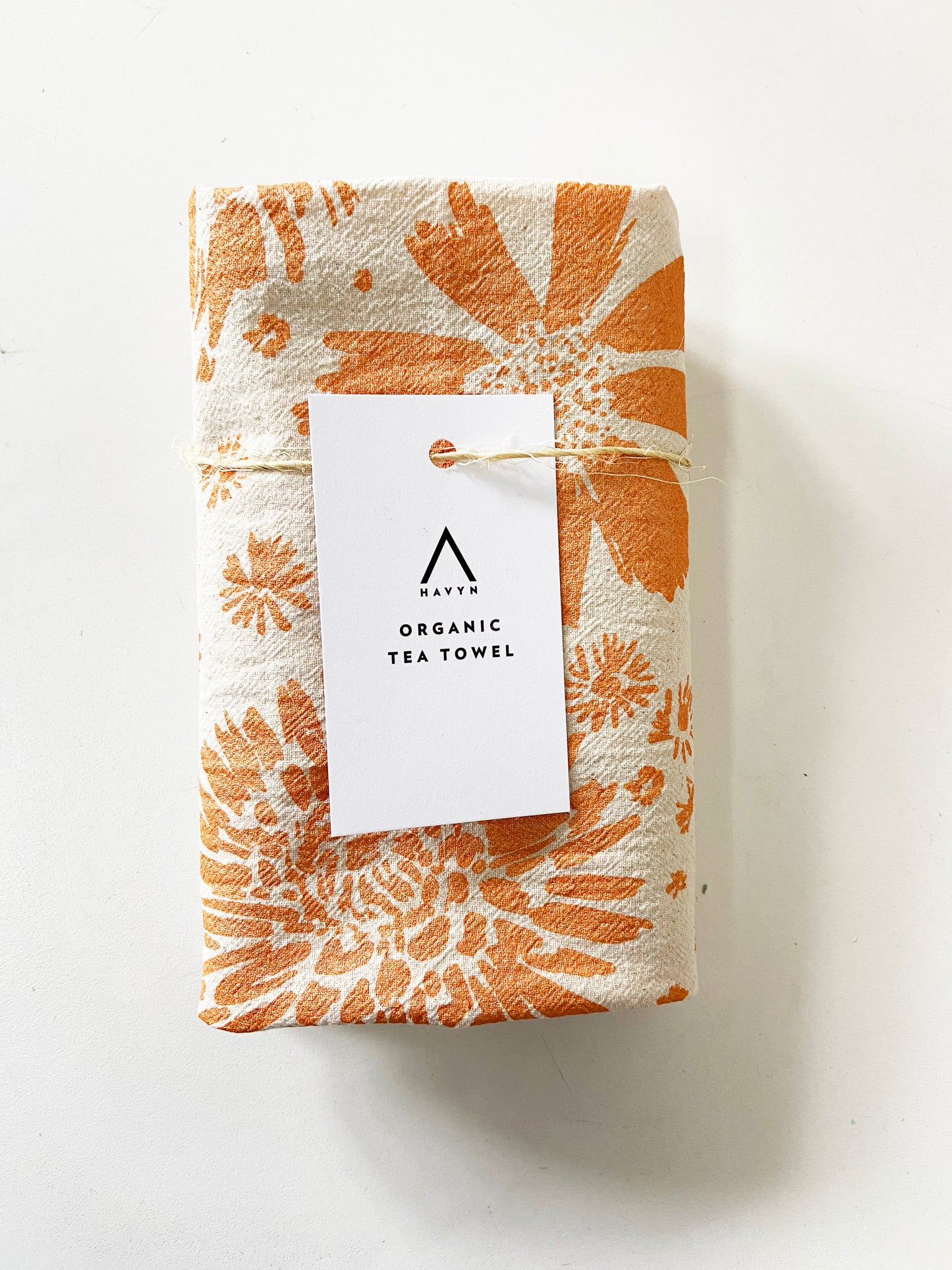 Marigold Flowers Orange Hand Printed Organic Tea Towel
