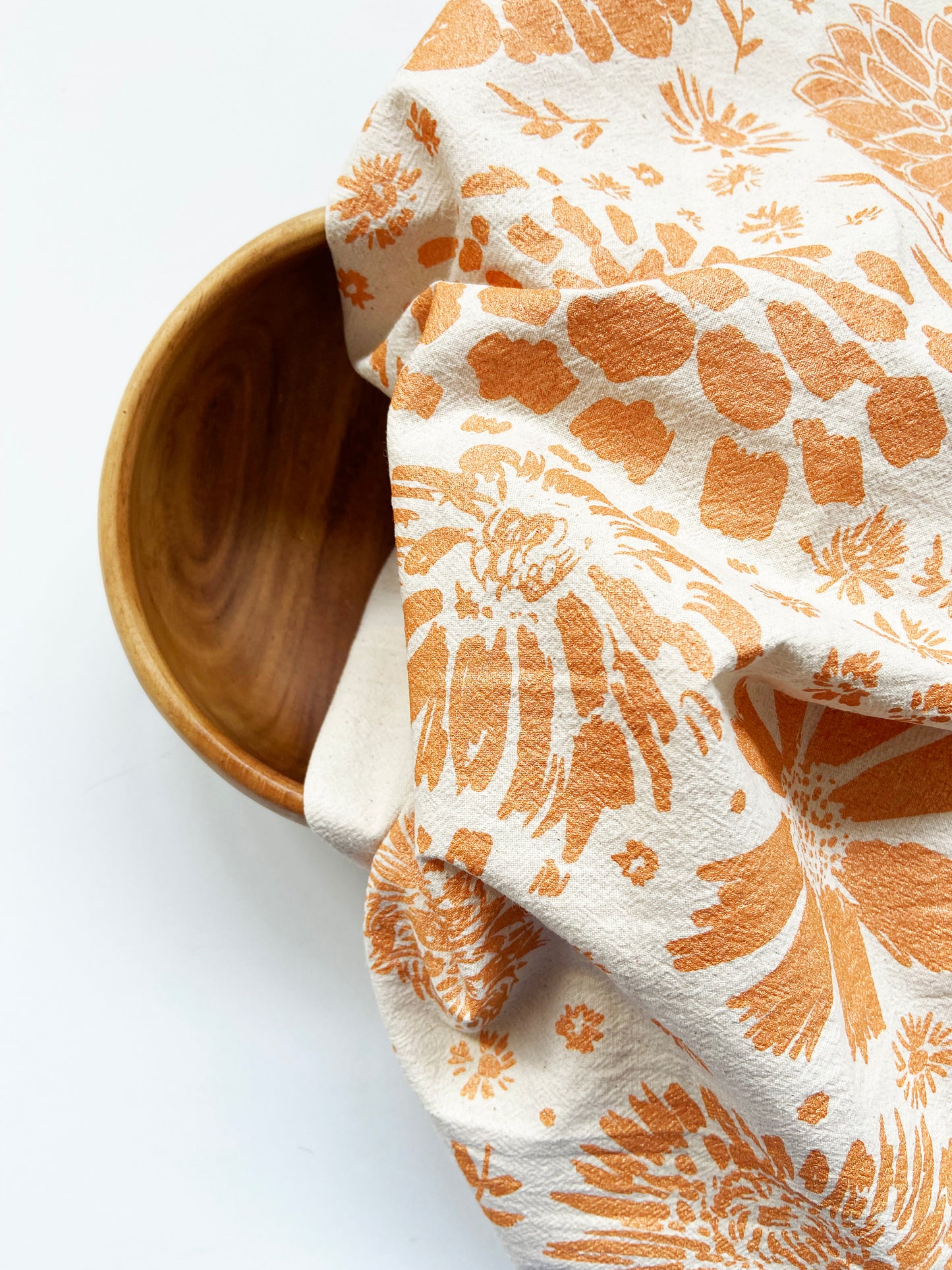Marigold Flowers Orange Hand Printed Organic Tea Towel