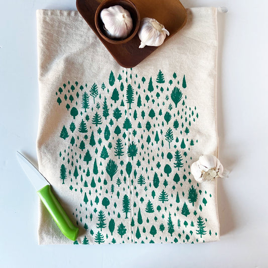 Green Forest Hand Printed Organic Tea Towel