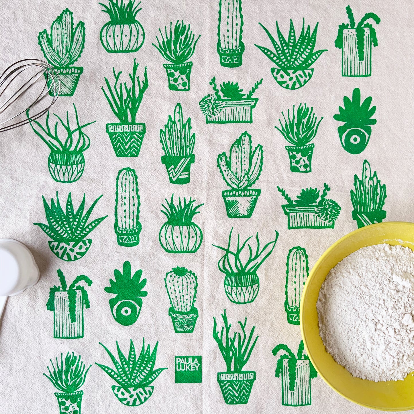 Succulents Hand Printed Organic Tea Towel - Black or Green