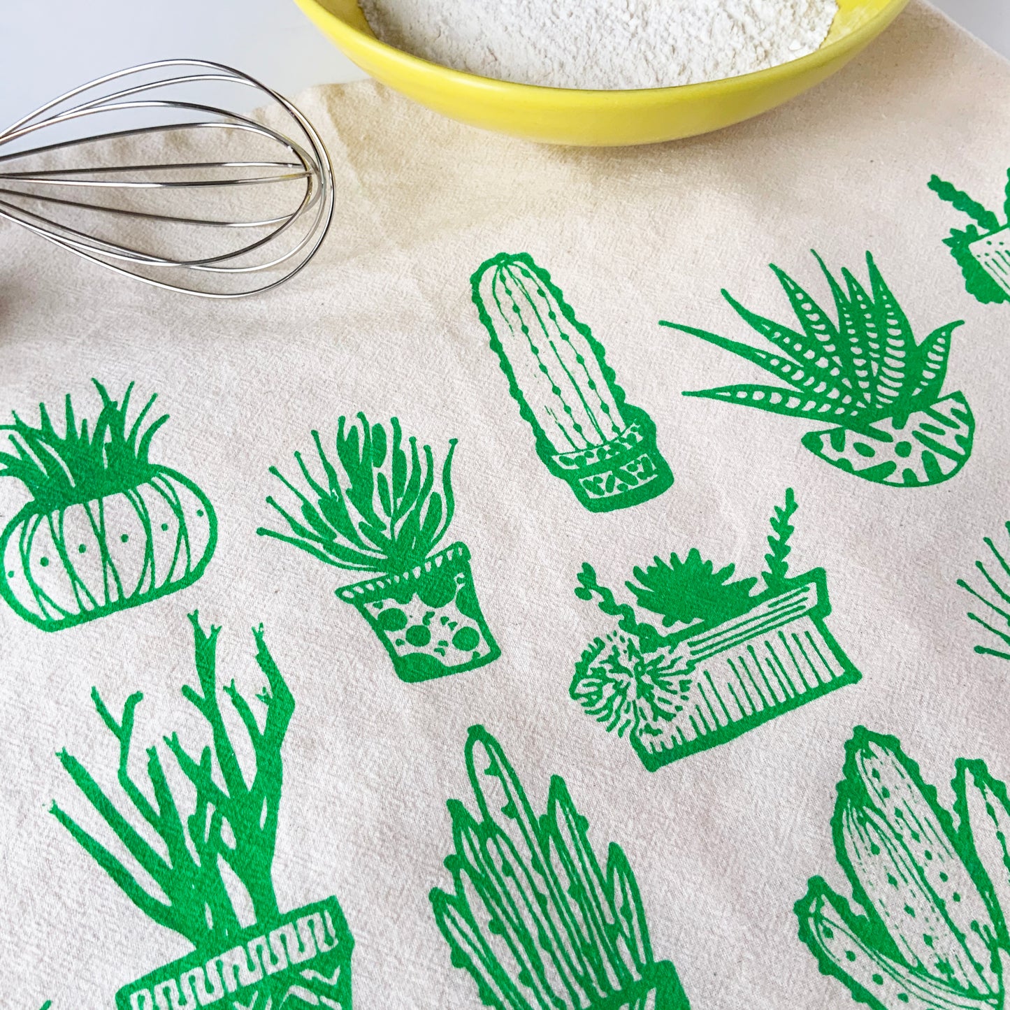 Succulents Hand Printed Organic Tea Towel - Black or Green