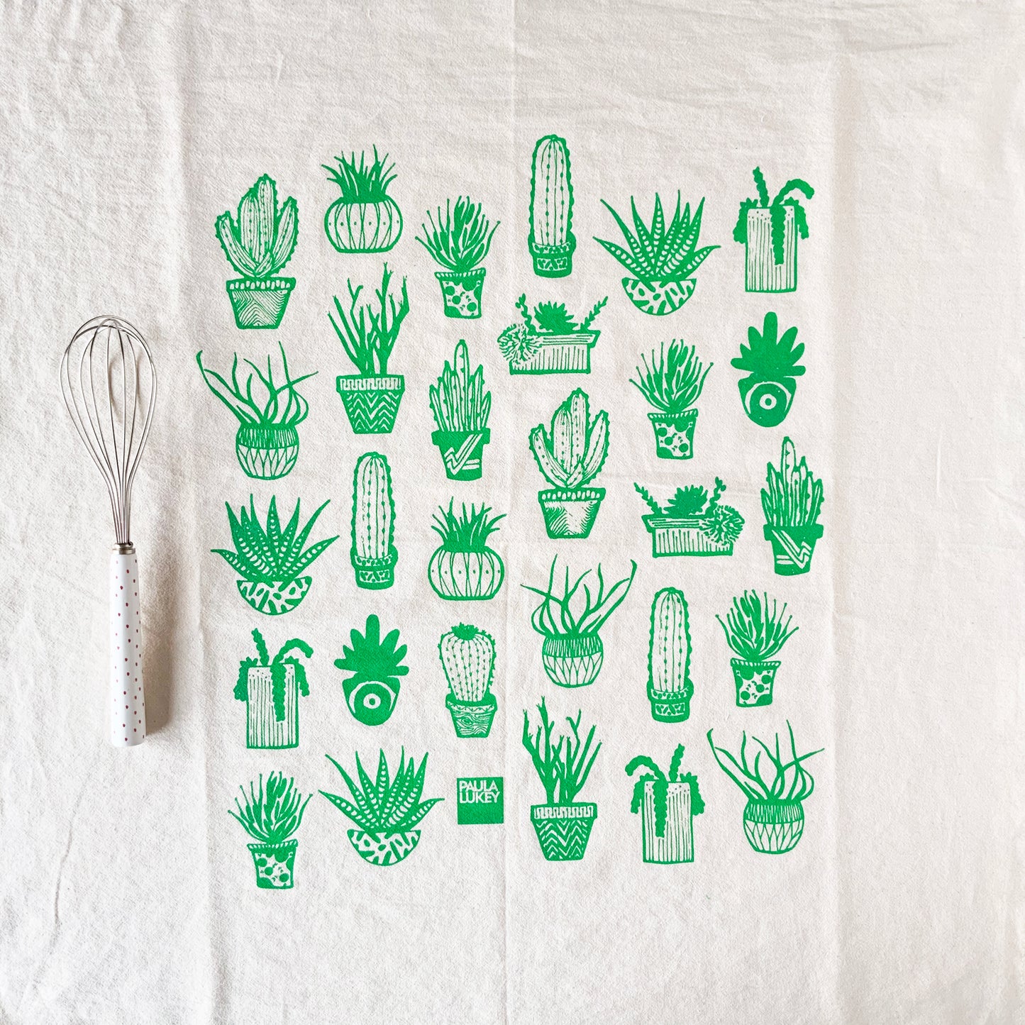 Succulents Hand Printed Organic Tea Towel - Black or Green