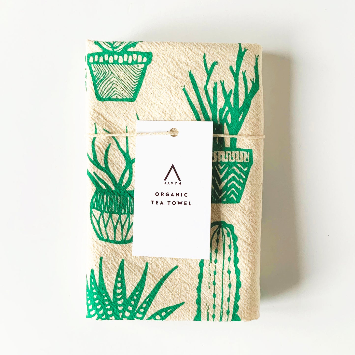 Succulents Hand Printed Organic Tea Towel - Black or Green