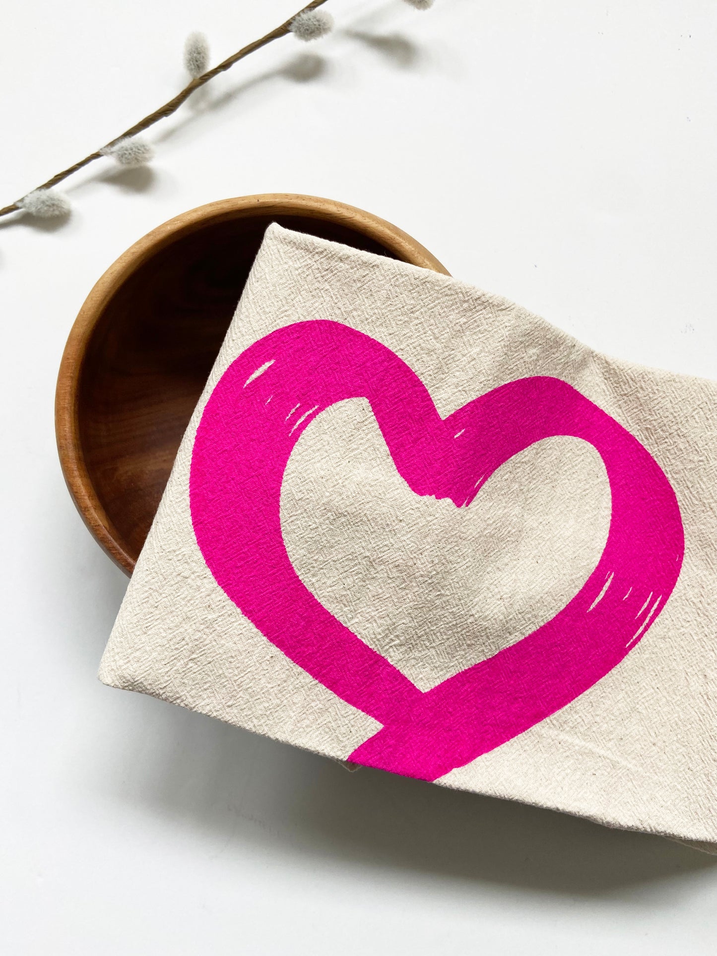 Hot Pink Heart Love Hand Printed Organic Tea Towel