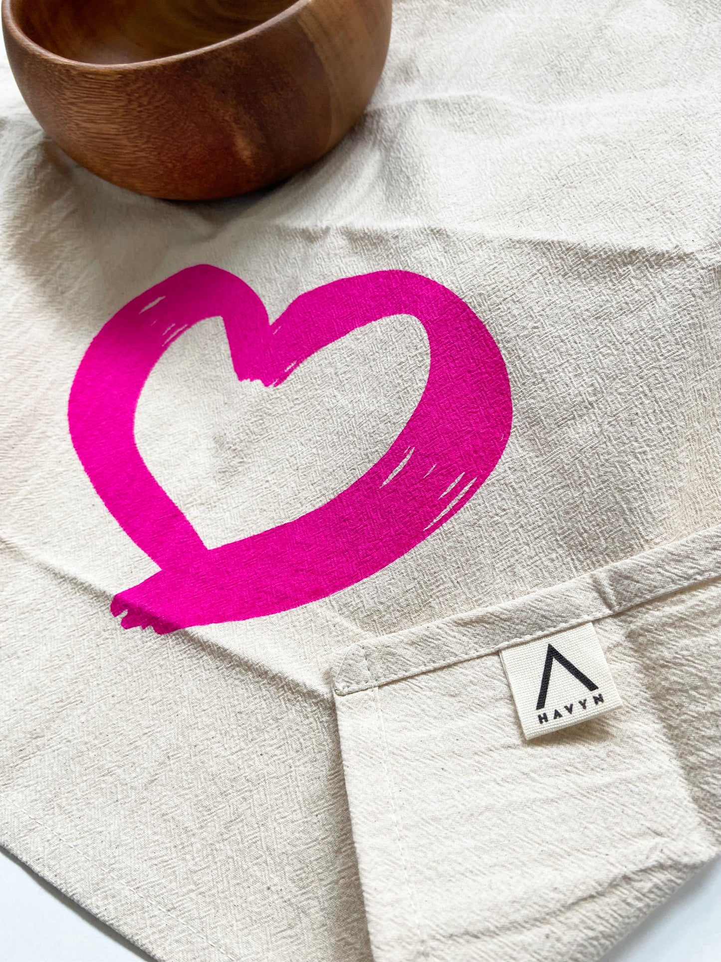 Hot Pink Heart Love Hand Printed Organic Tea Towel