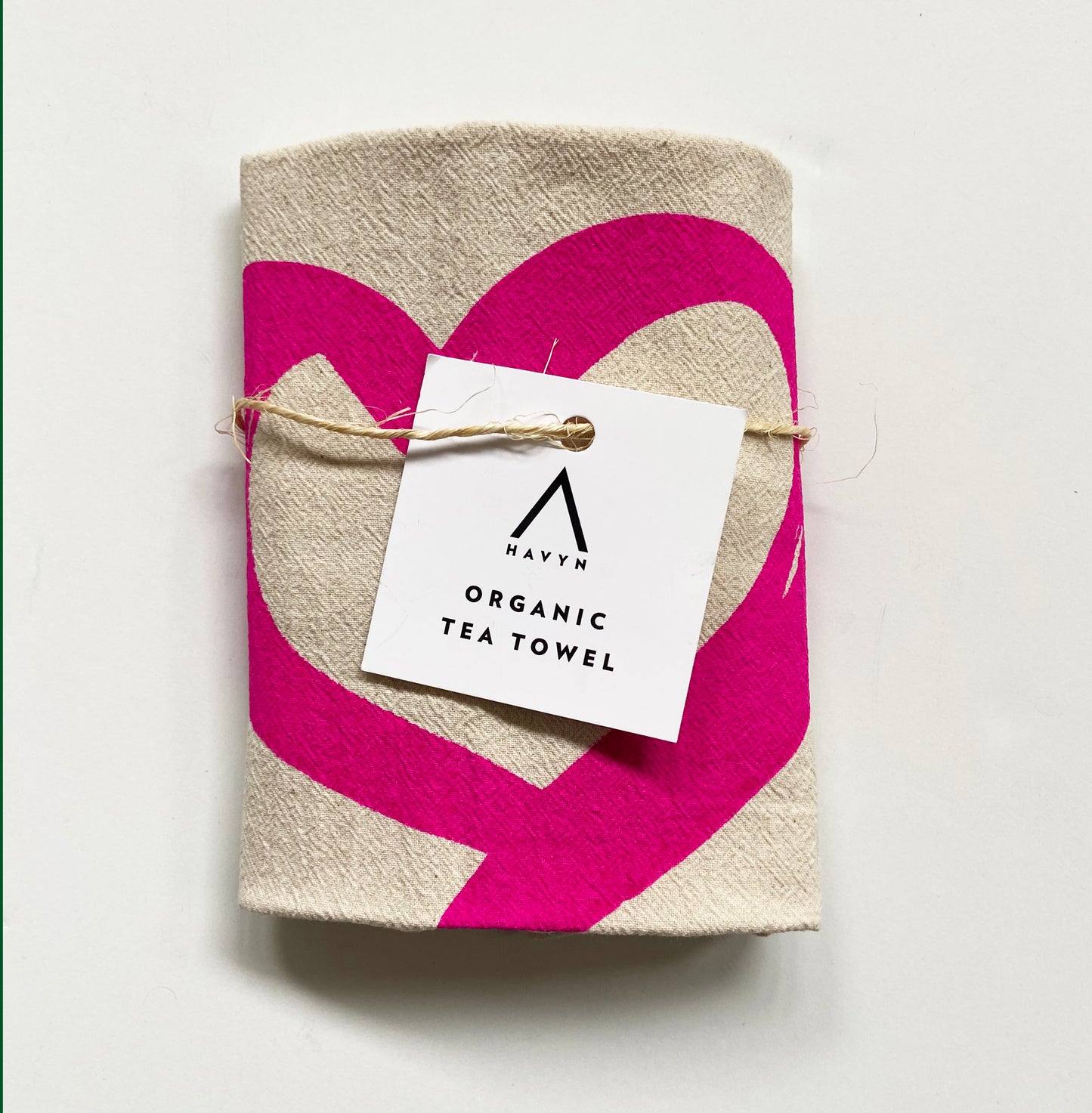 Hot Pink Heart Love Hand Printed Organic Tea Towel