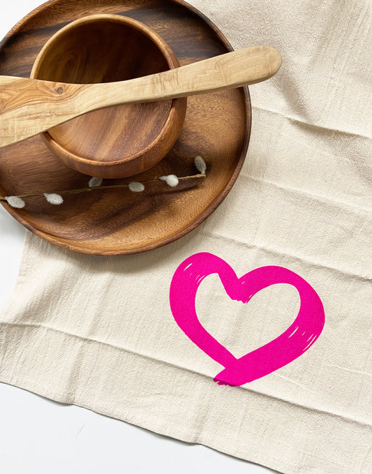 Hot Pink Heart Love Hand Printed Organic Tea Towel