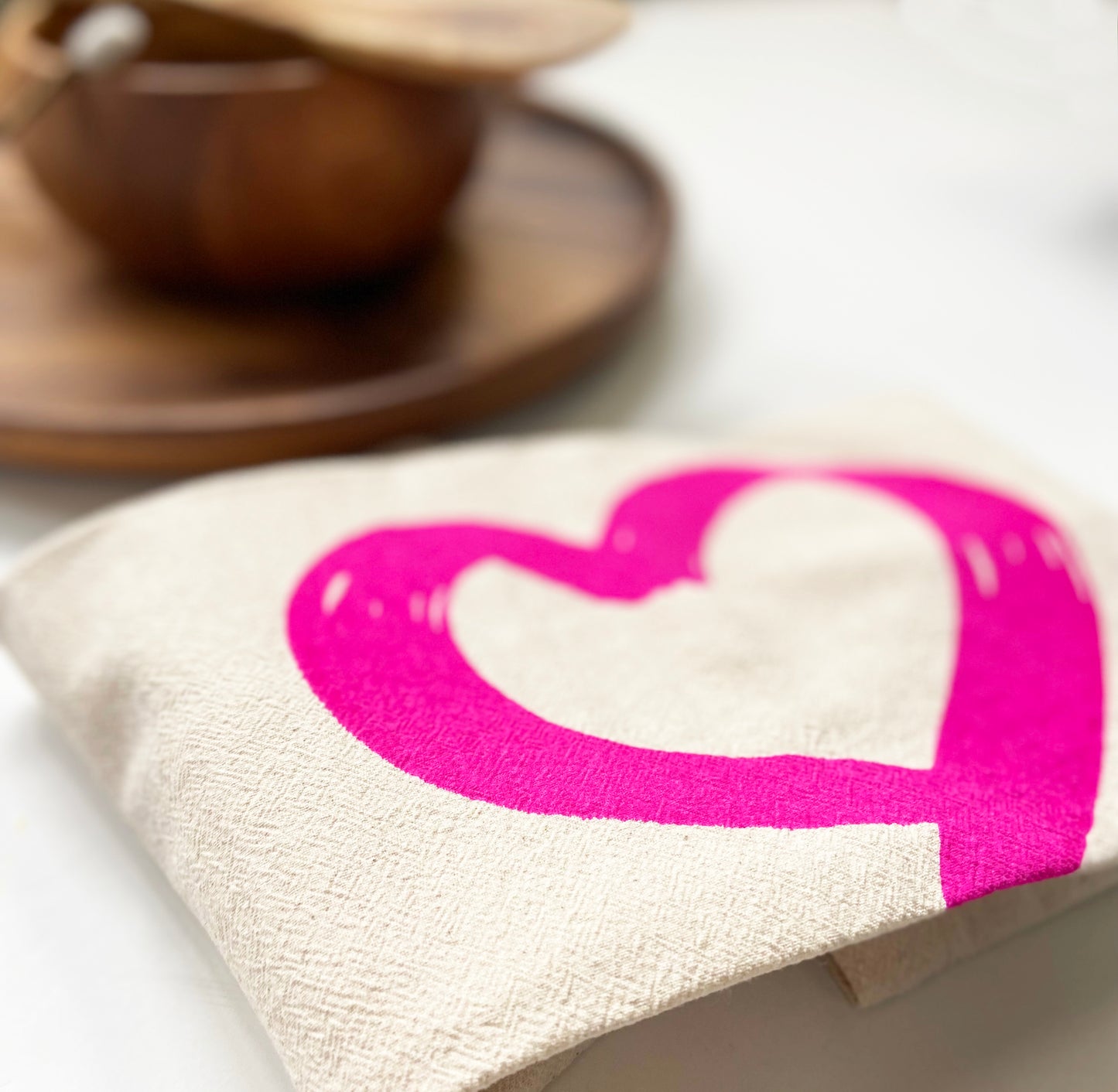 Hot Pink Heart Love Hand Printed Organic Tea Towel