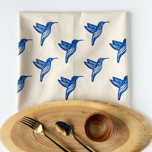 Hummingbirds Hand Printed Organic Tea Towel