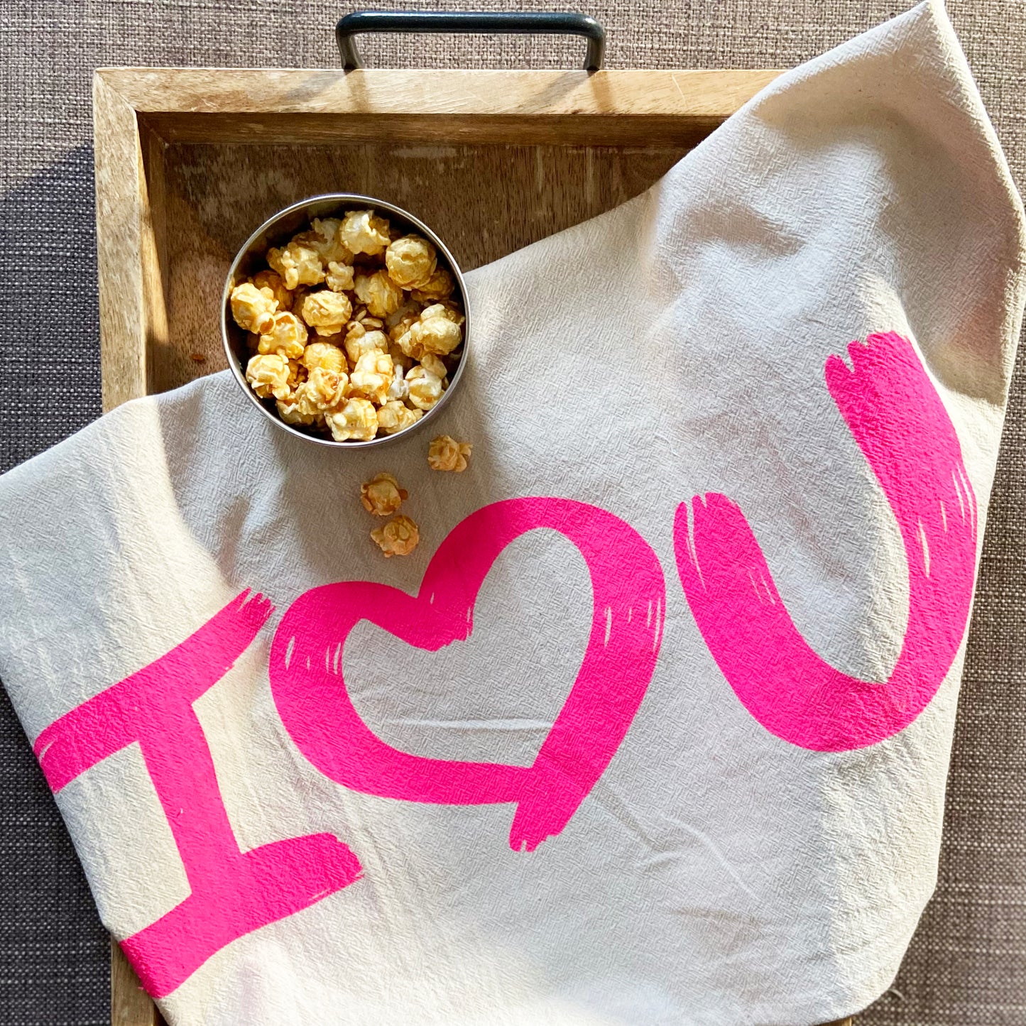I Love U Hand Printed Organic Tea Towel Hot Pink - Limited