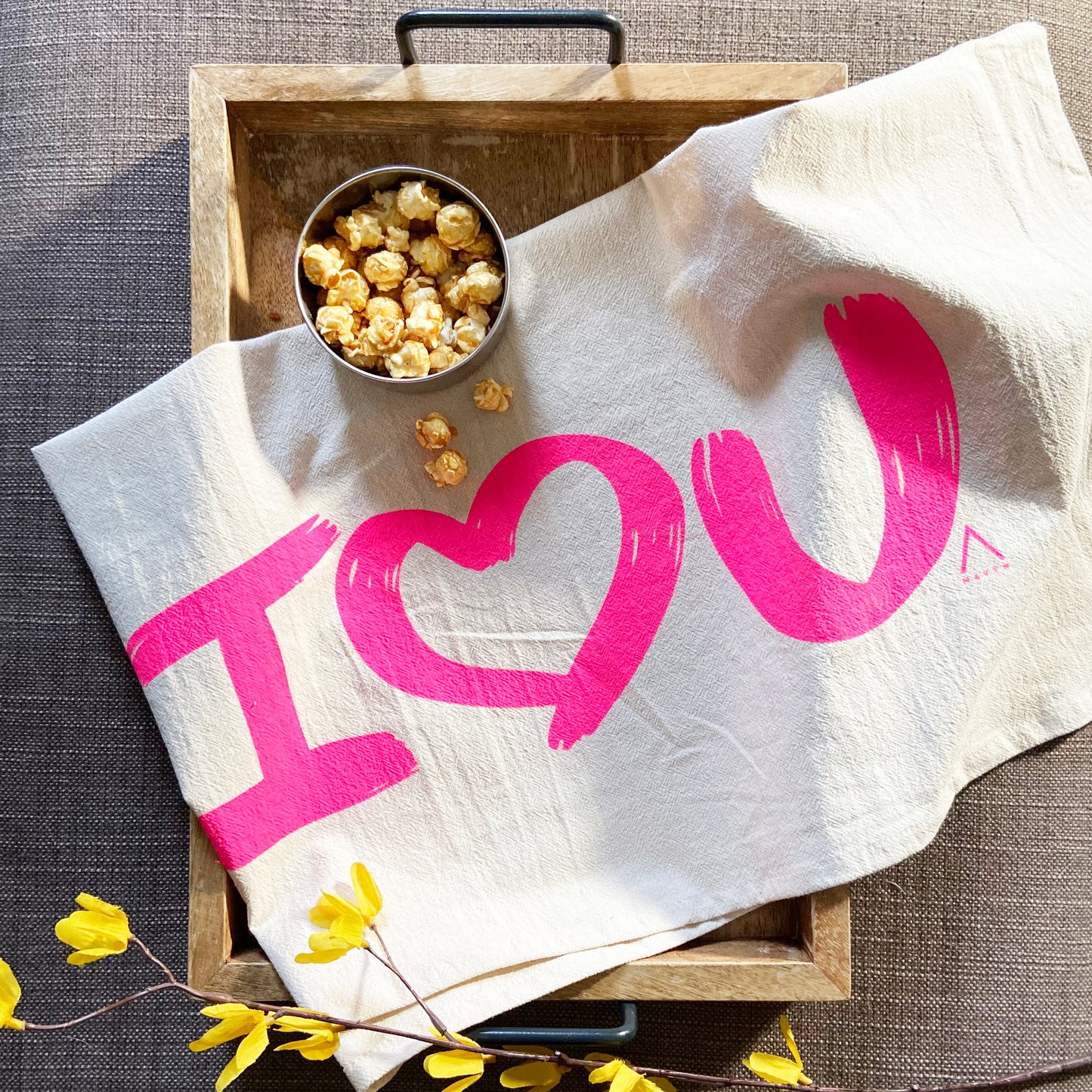 I Love U Hand Printed Organic Tea Towel Hot Pink - Limited
