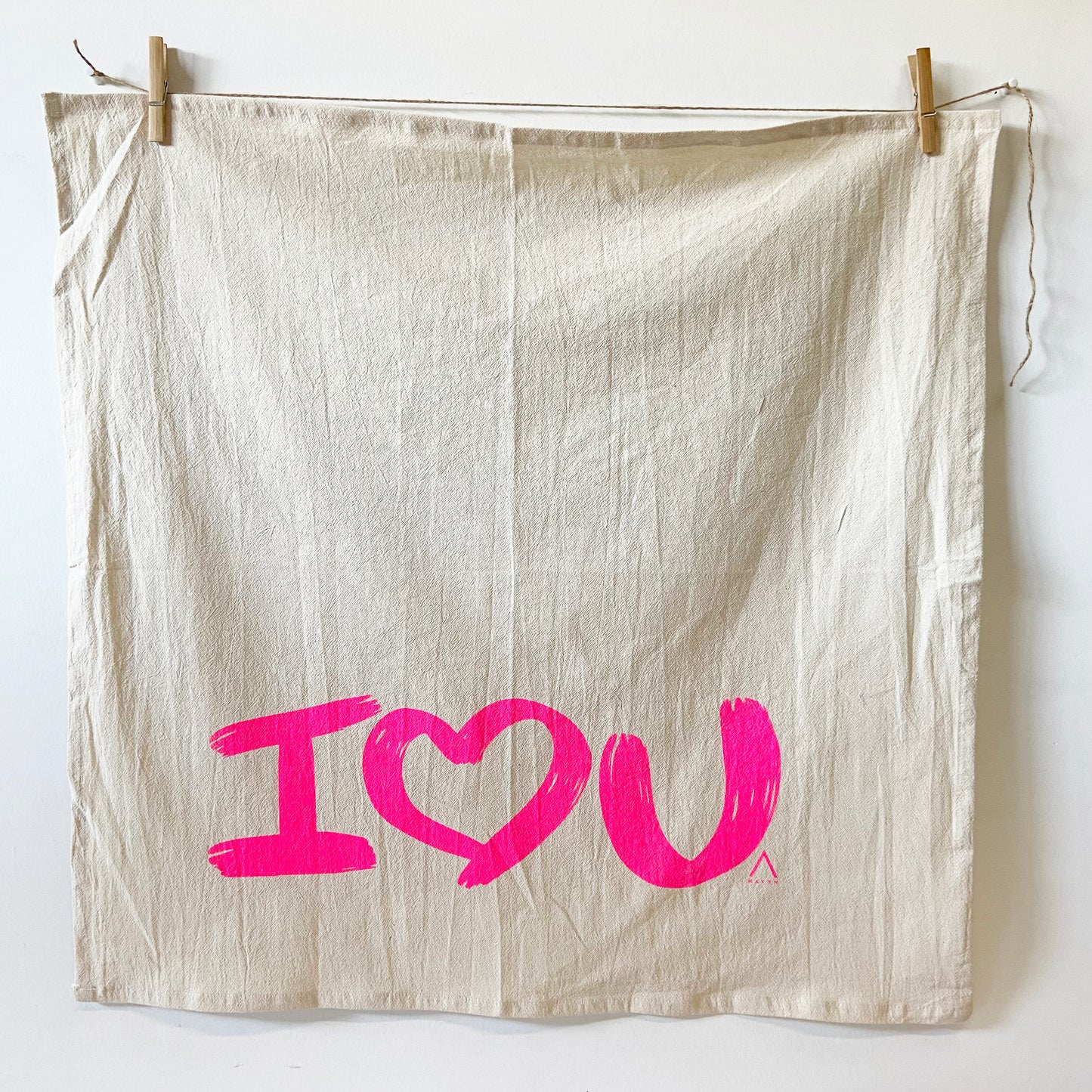 I Love U Hand Printed Organic Tea Towel Hot Pink - Limited