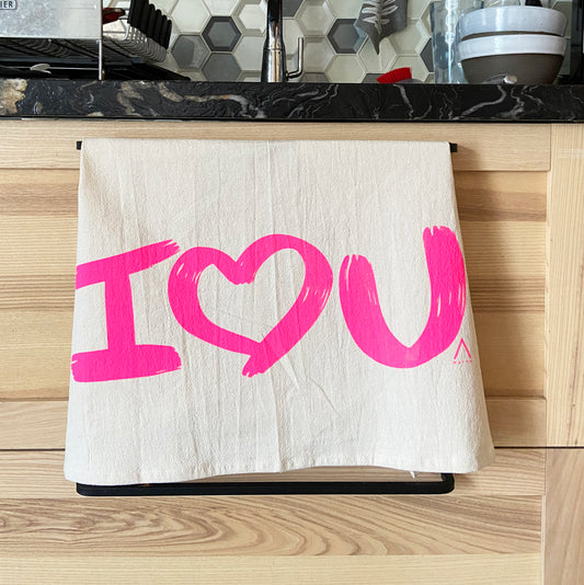 I Love U Hand Printed Organic Tea Towel Hot Pink - Limited