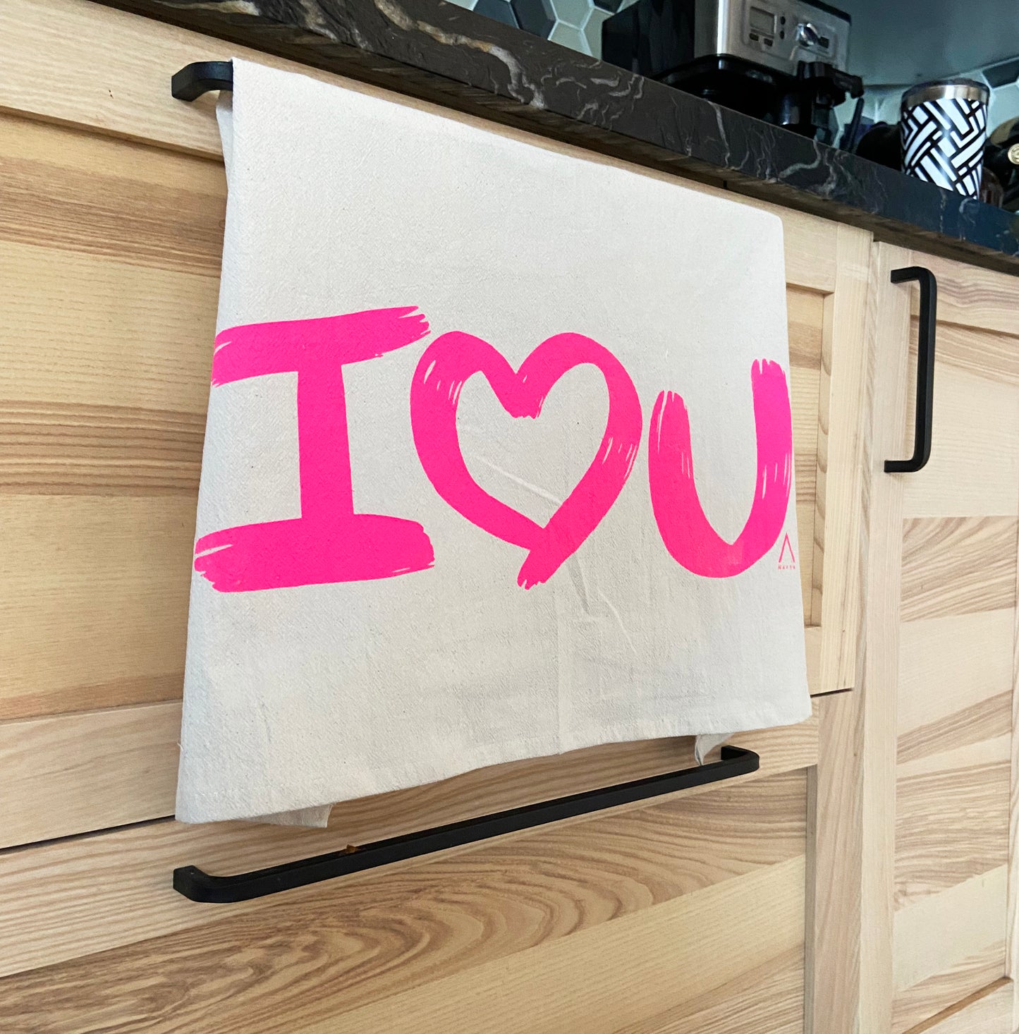 I Love U Hand Printed Organic Tea Towel Hot Pink - Limited