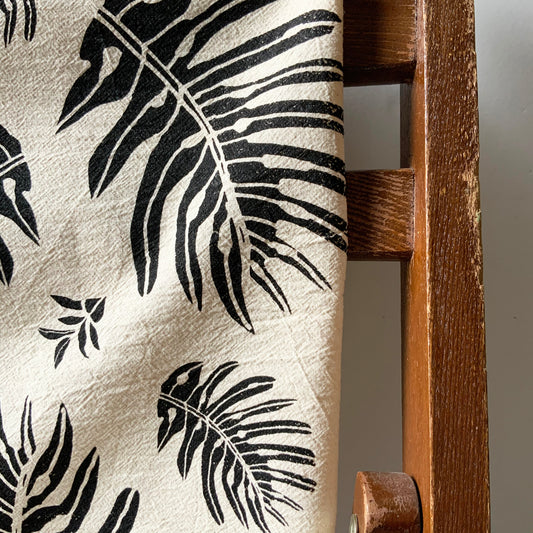 Monstera Leaf Hand Printed Organic Tea Towel - Black