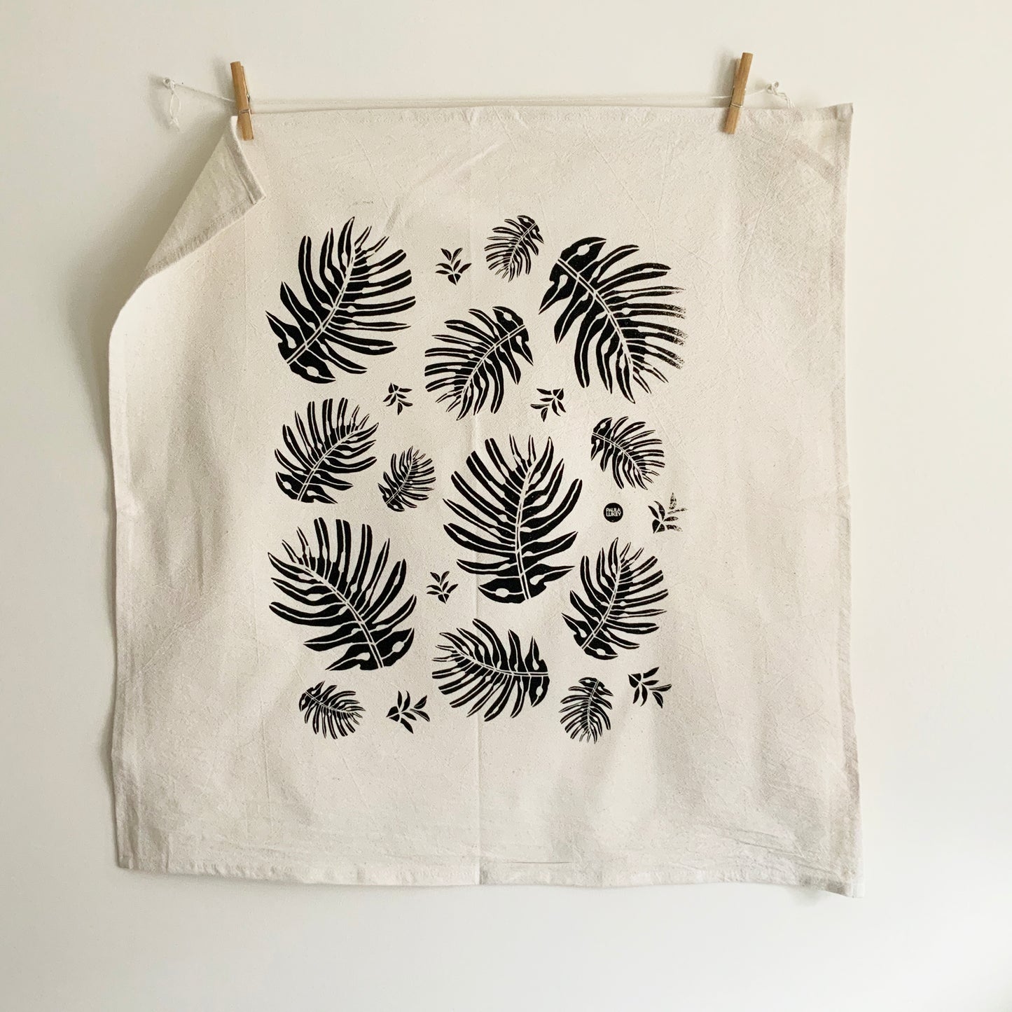 Monstera Leaf Hand Printed Organic Tea Towel - Black