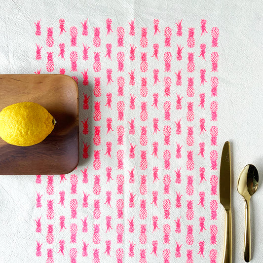 Hot Pink Pineapples Organic Hand Printed Tea Towel