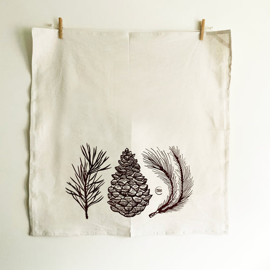 Pine Cone Hand Printed Organic Tea Towel