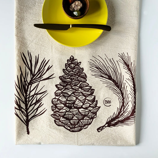 Pine Cone Hand Printed Organic Tea Towel