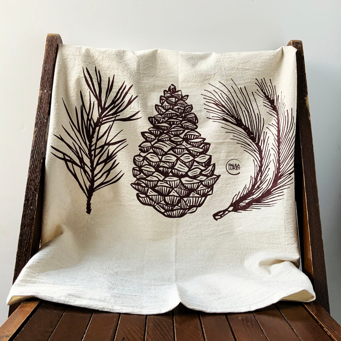 Pine Cone Hand Printed Organic Tea Towel