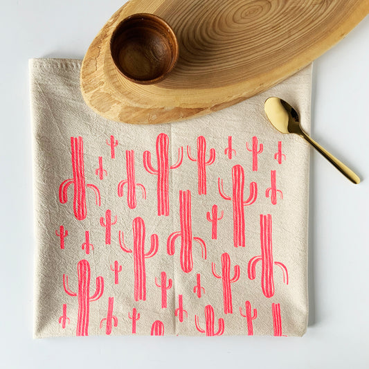 Pink Saguaros Cactus Hand Printed Organic Tea Towel