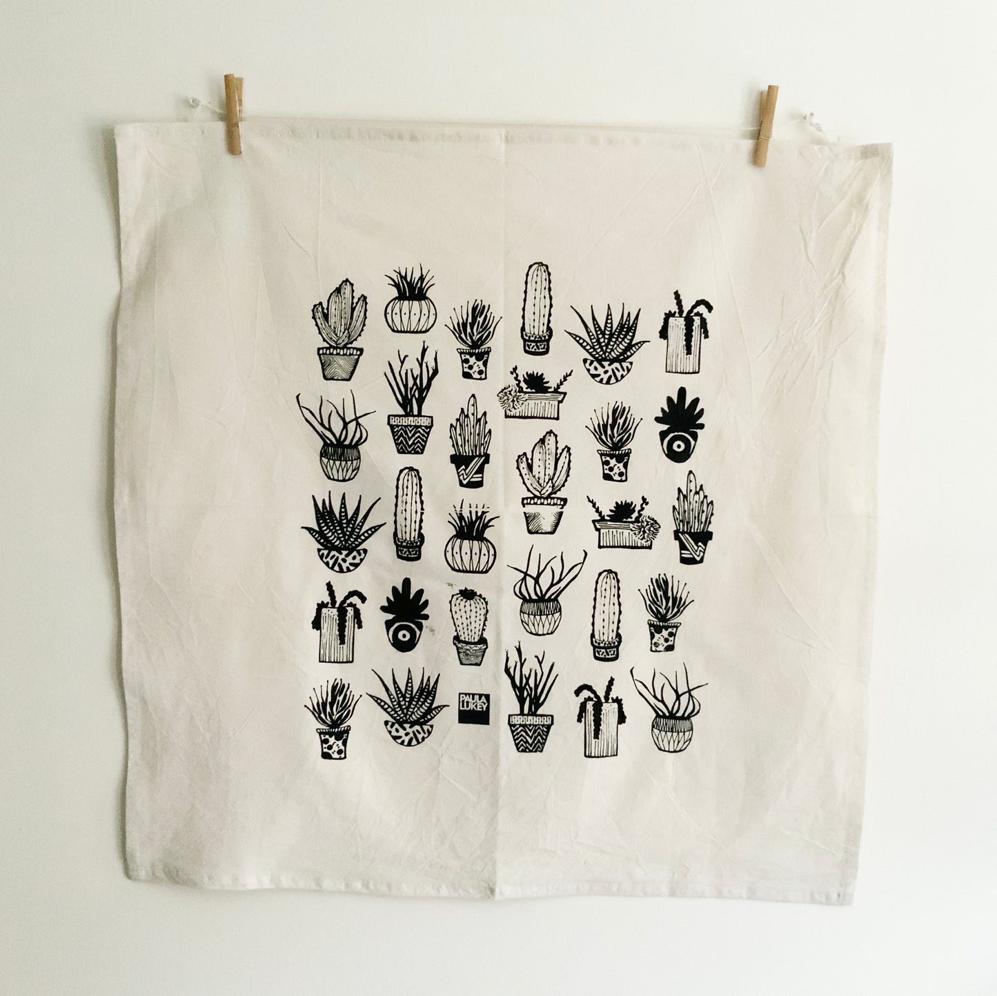 Succulents Hand Printed Organic Tea Towel - Black or Green