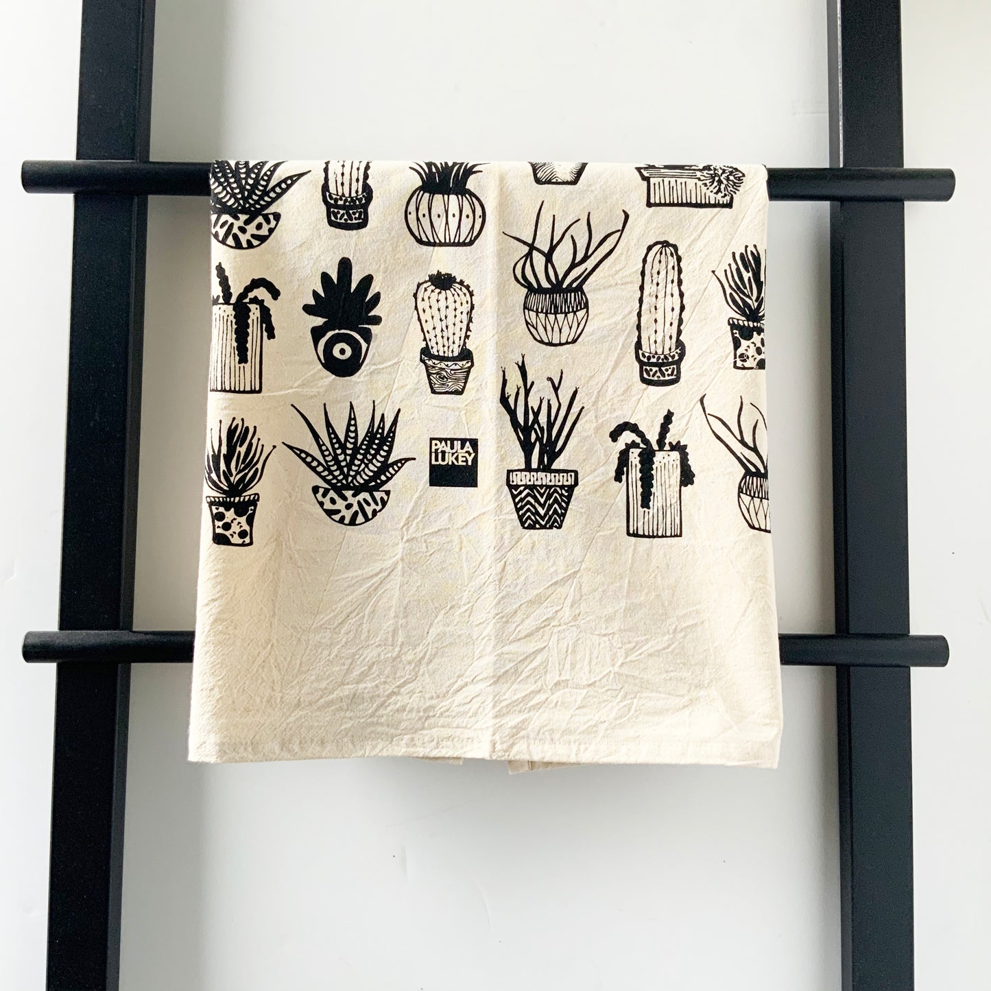 Succulents Hand Printed Organic Tea Towel - Black or Green