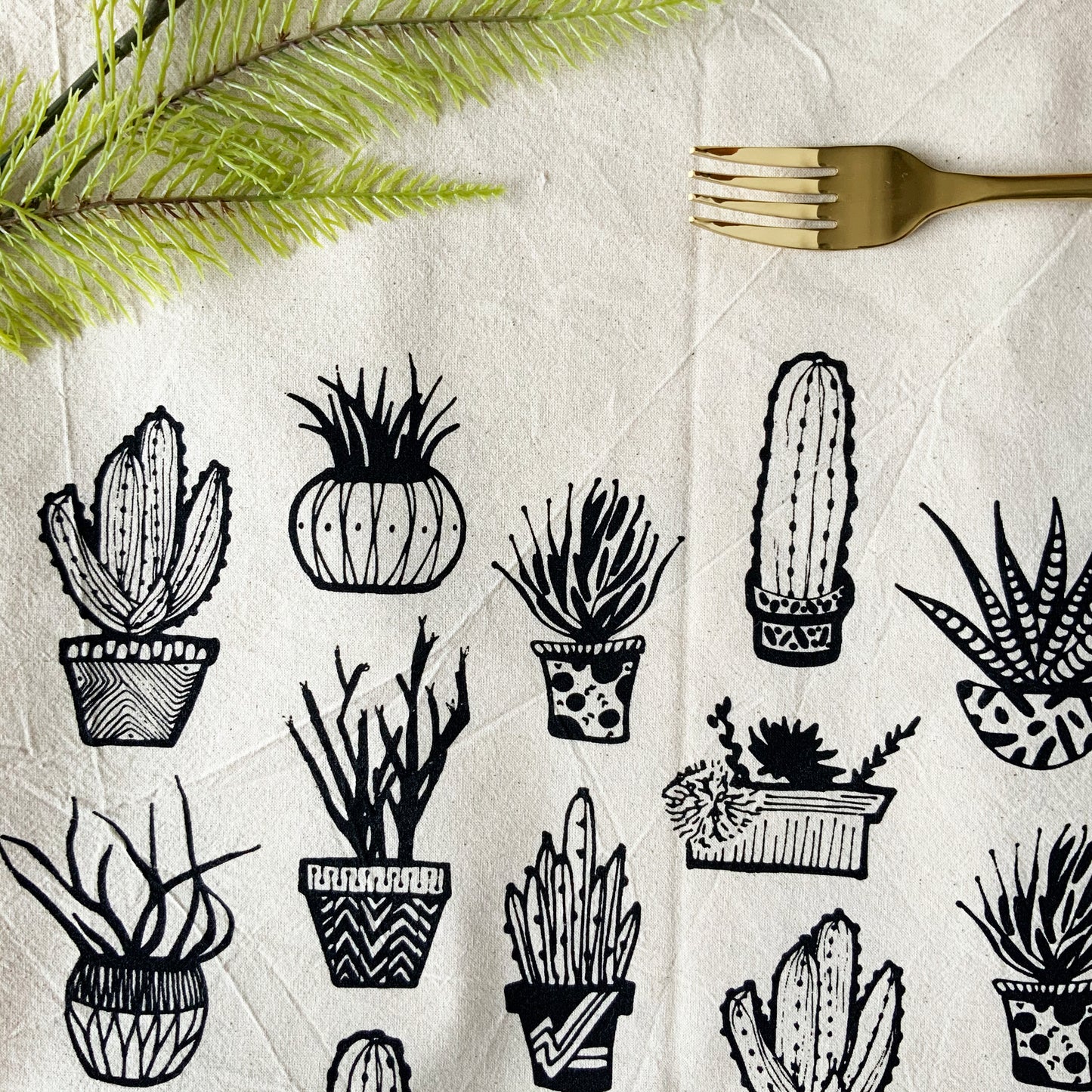 Succulents Hand Printed Organic Tea Towel - Black or Green