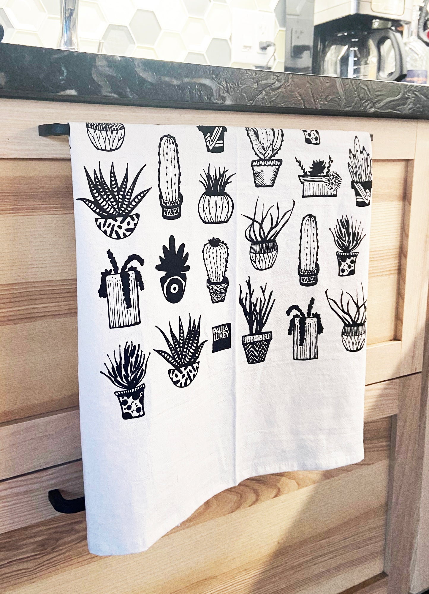 Succulents Hand Printed Organic Tea Towel - Black or Green
