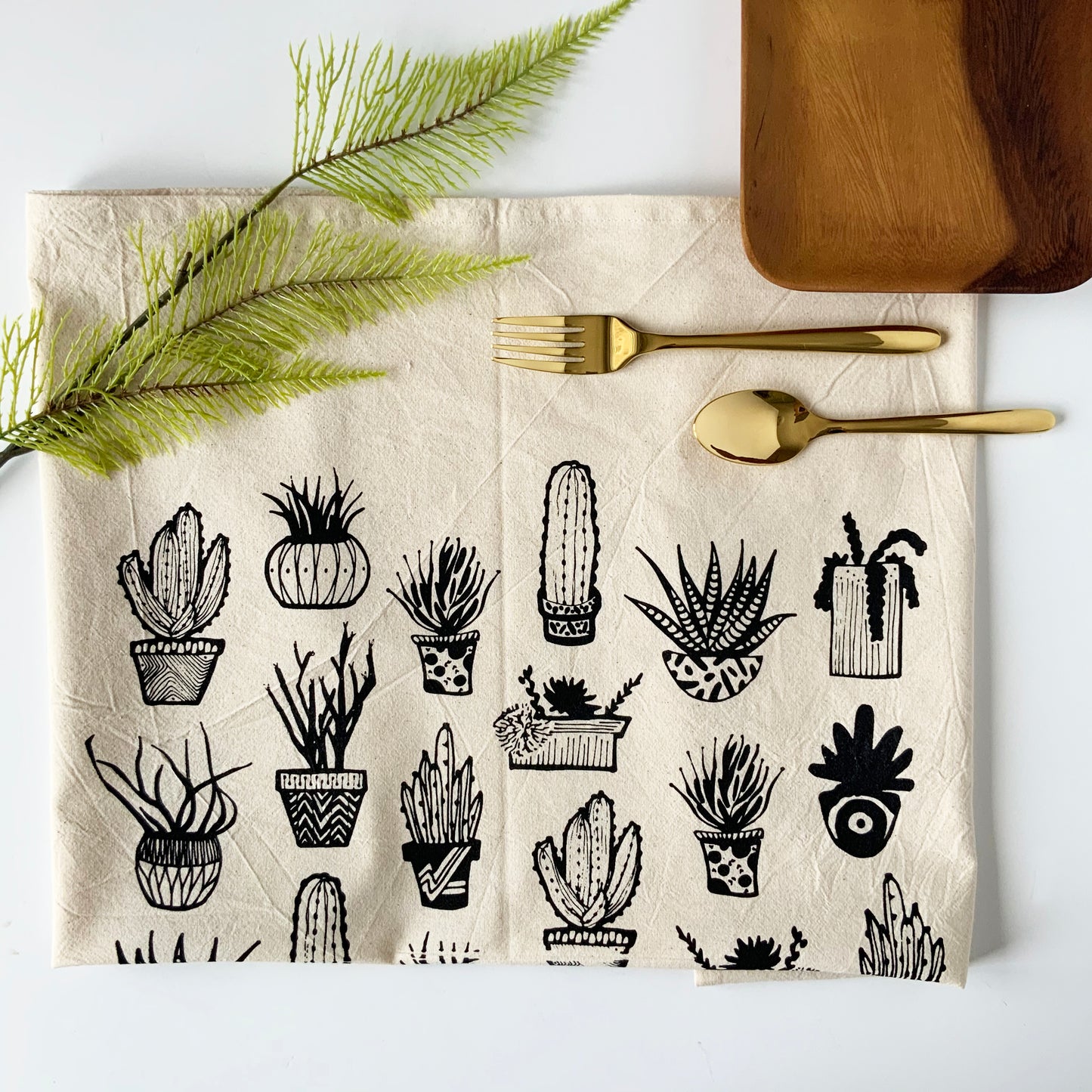 Succulents Hand Printed Organic Tea Towel - Black or Green