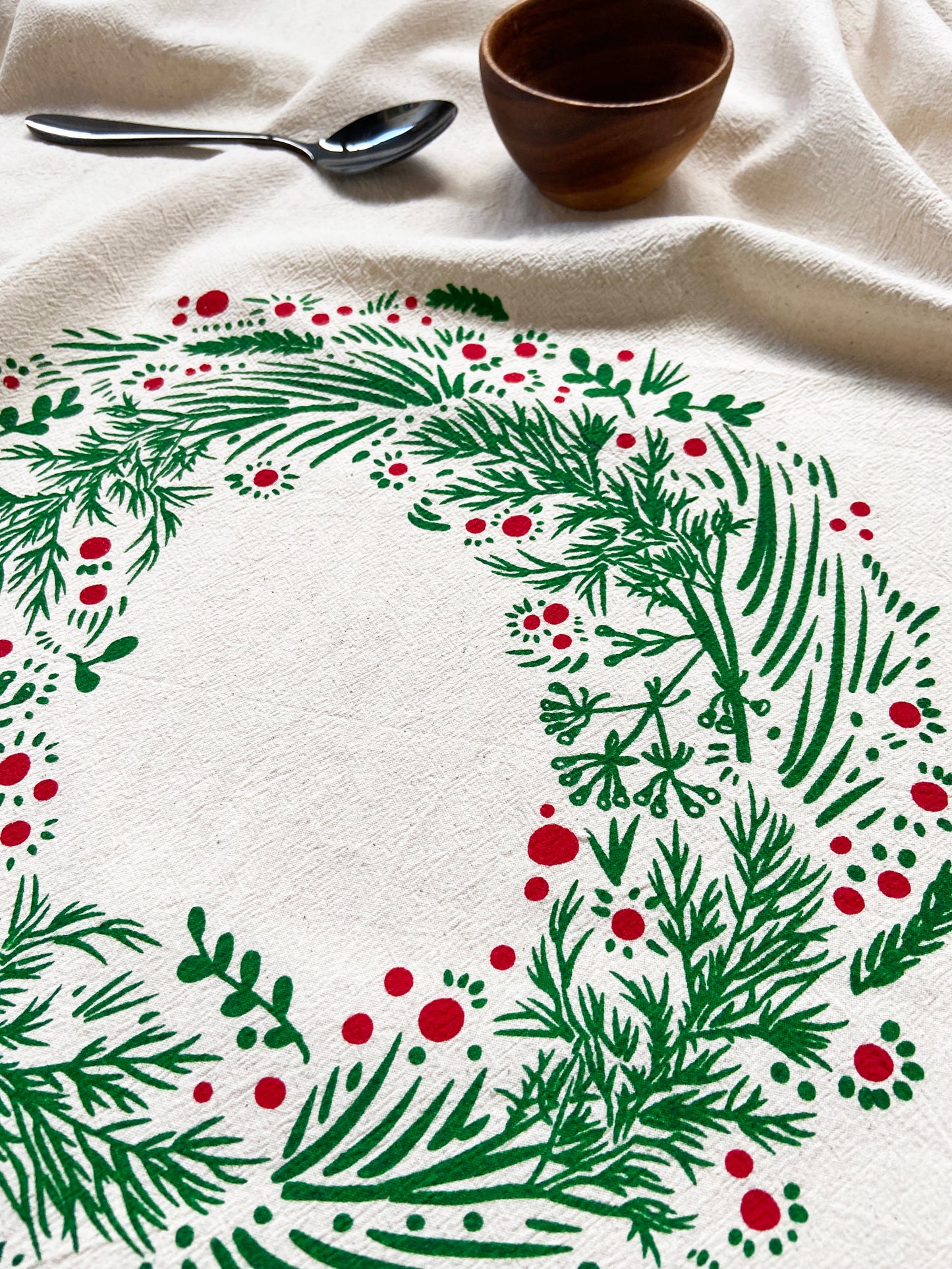 Holiday Wreath Christmas Hand Printed Organic Tea Towel