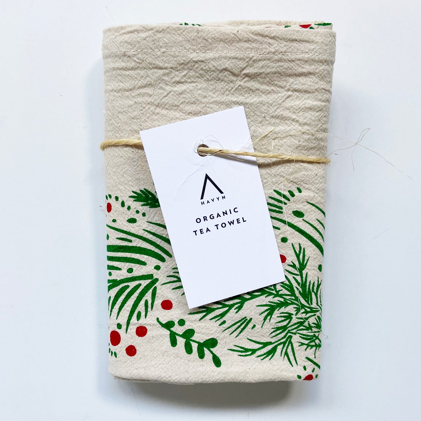 Holiday Wreath Christmas Hand Printed Organic Tea Towel