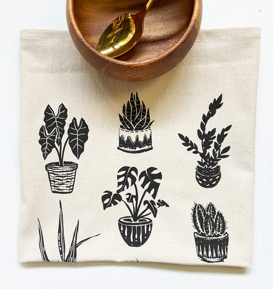House Plants Hand Printed Organic Cotton Tea Towel