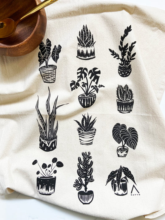 House Plants Hand Printed Organic Cotton Tea Towel