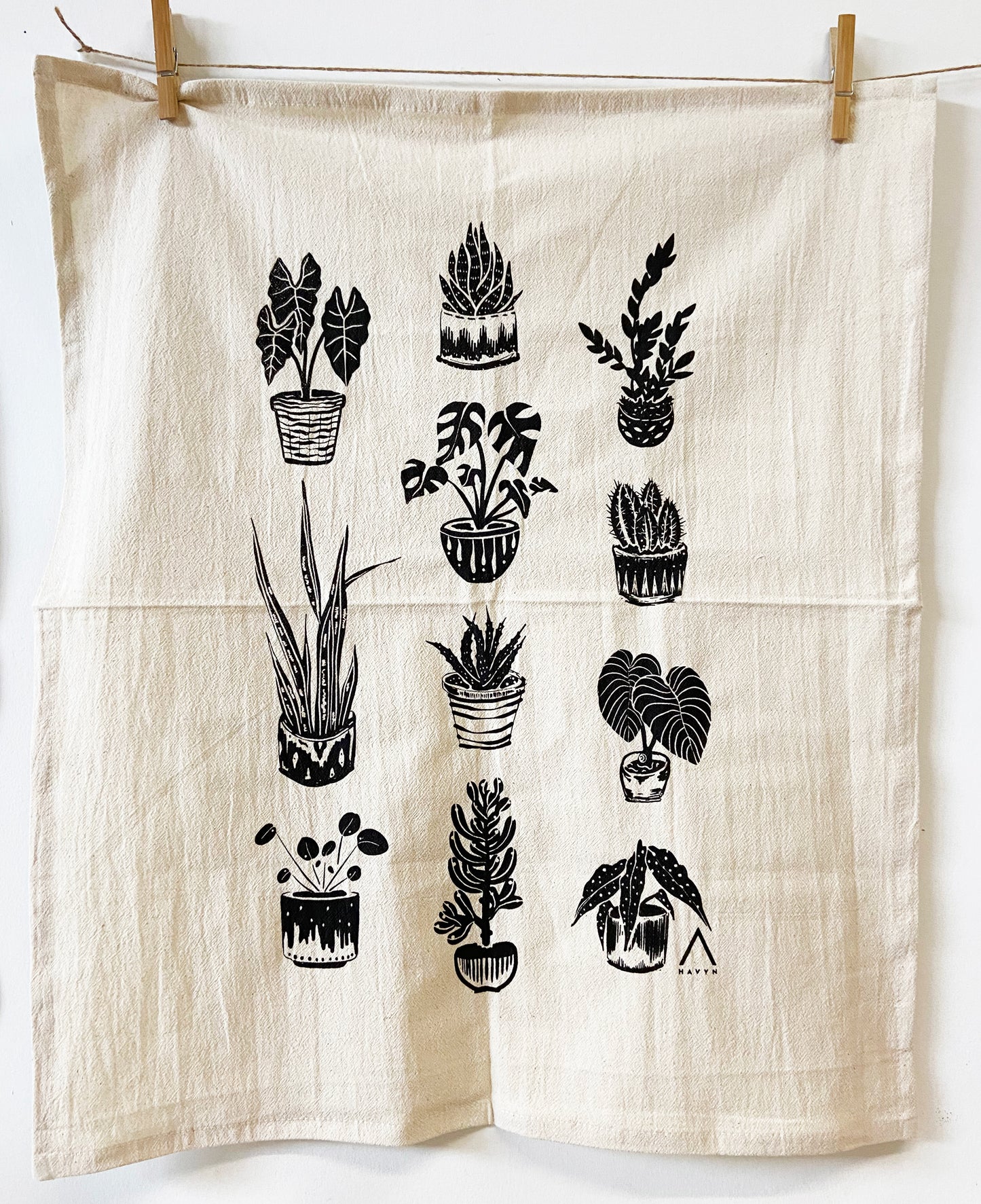 House Plants Hand Printed Organic Cotton Tea Towel