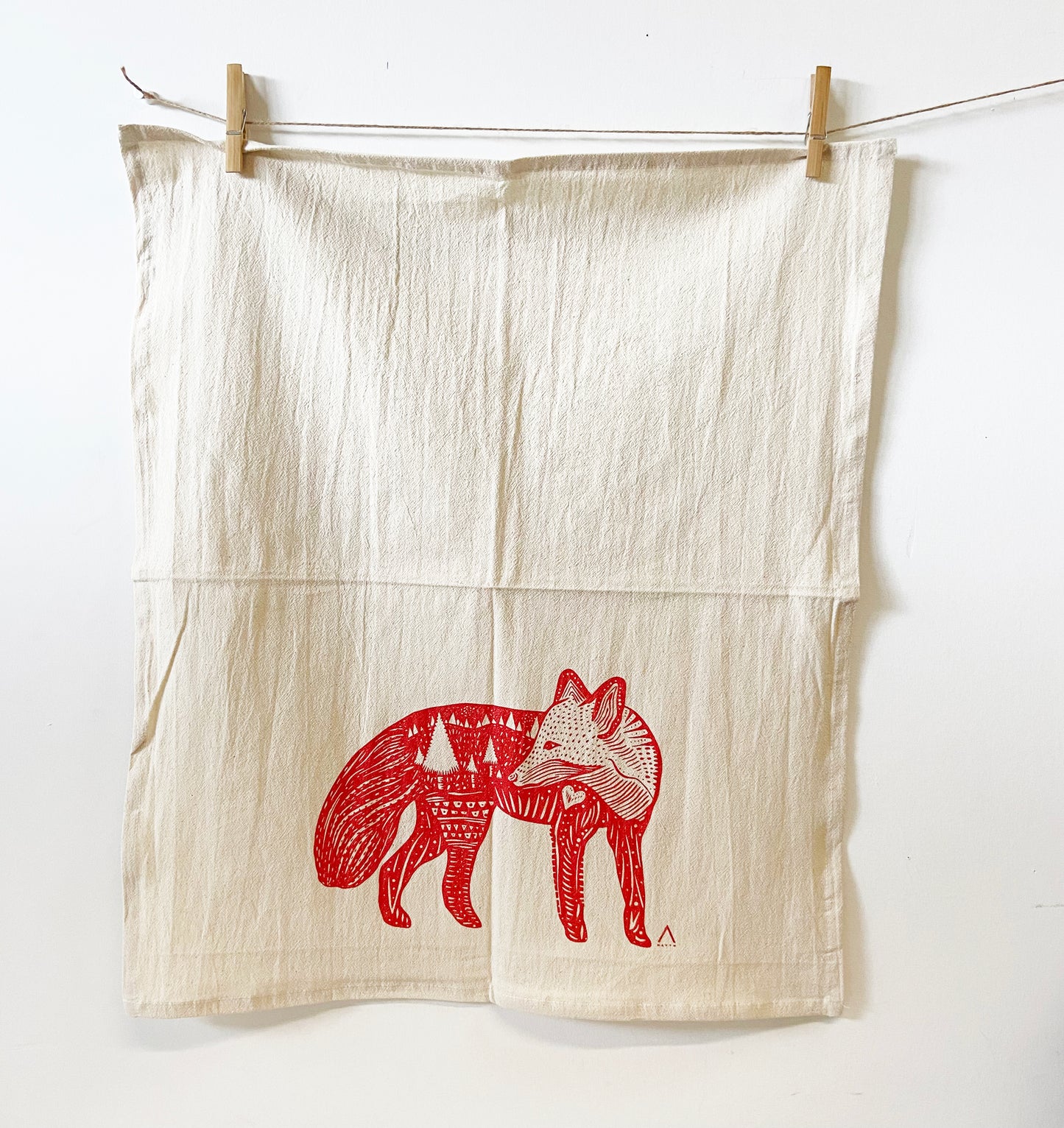Fox Hand Printed Organic Tea Towel - Orange