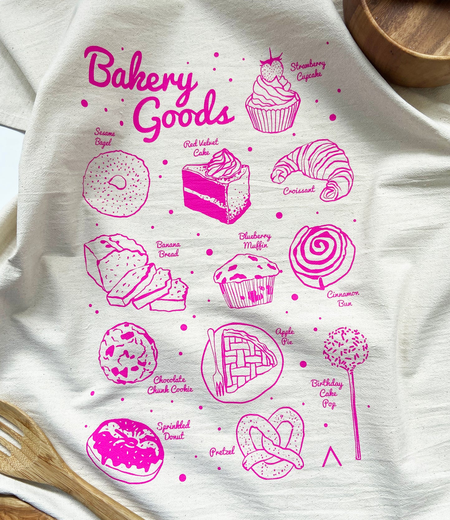 Bakery Goods Hand Printed  Organic Tea Towel - Hot Pink