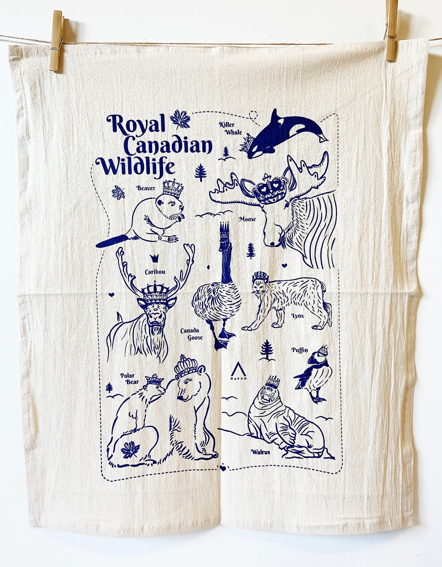 Royal Canadian Wildlife Hand Printed Organic Tea Towel - Blue or Black