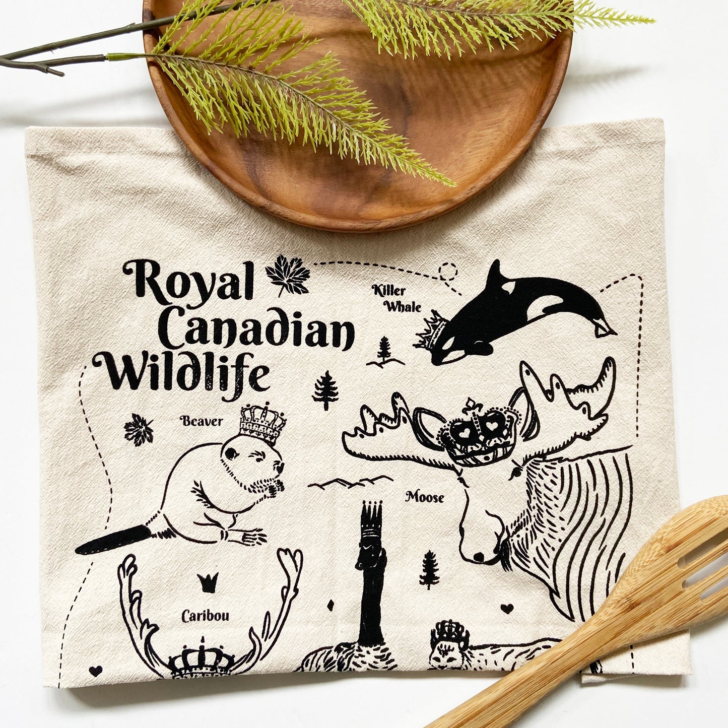 Royal Canadian Wildlife Hand Printed Organic Tea Towel - Blue or Black