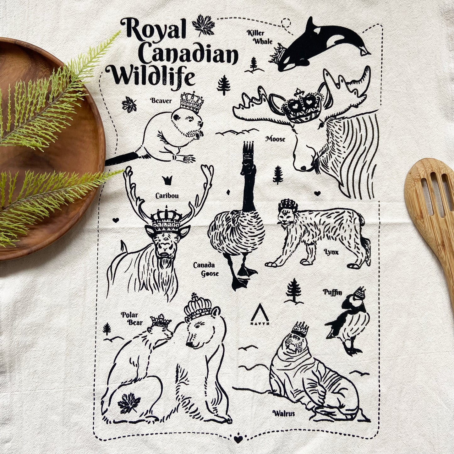 Royal Canadian Wildlife Hand Printed Organic Tea Towel - Blue or Black