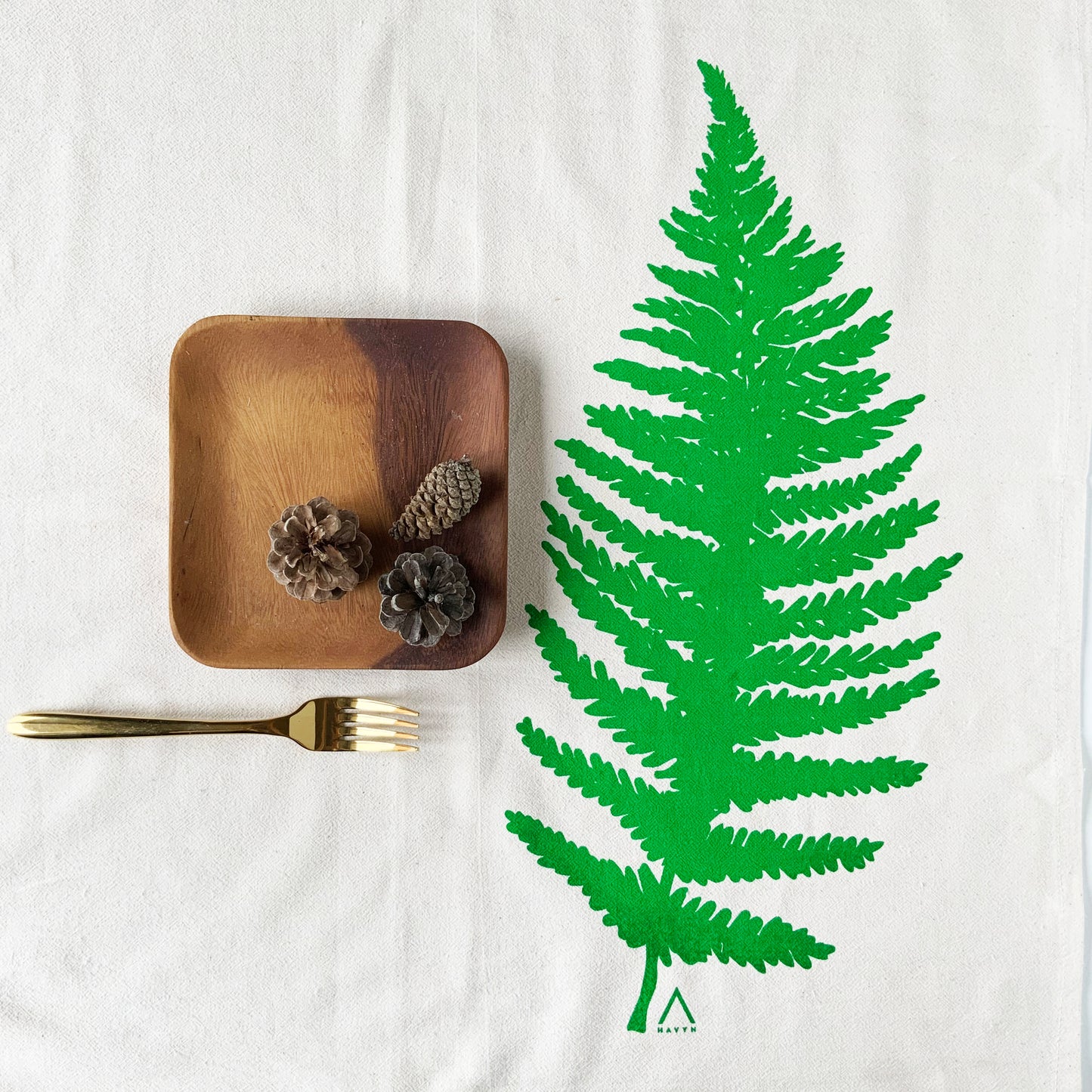 Big Fern Leaf Hand Printed Organic Tea Towel - Black or Green
