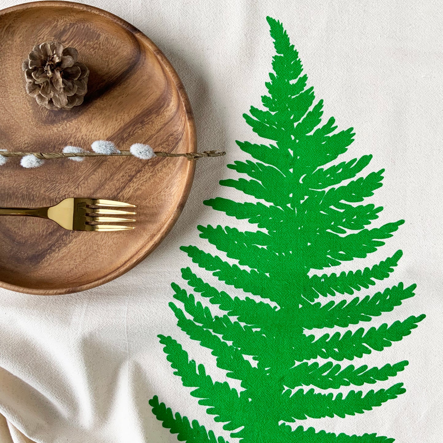 Big Fern Leaf Hand Printed Organic Tea Towel - Black or Green