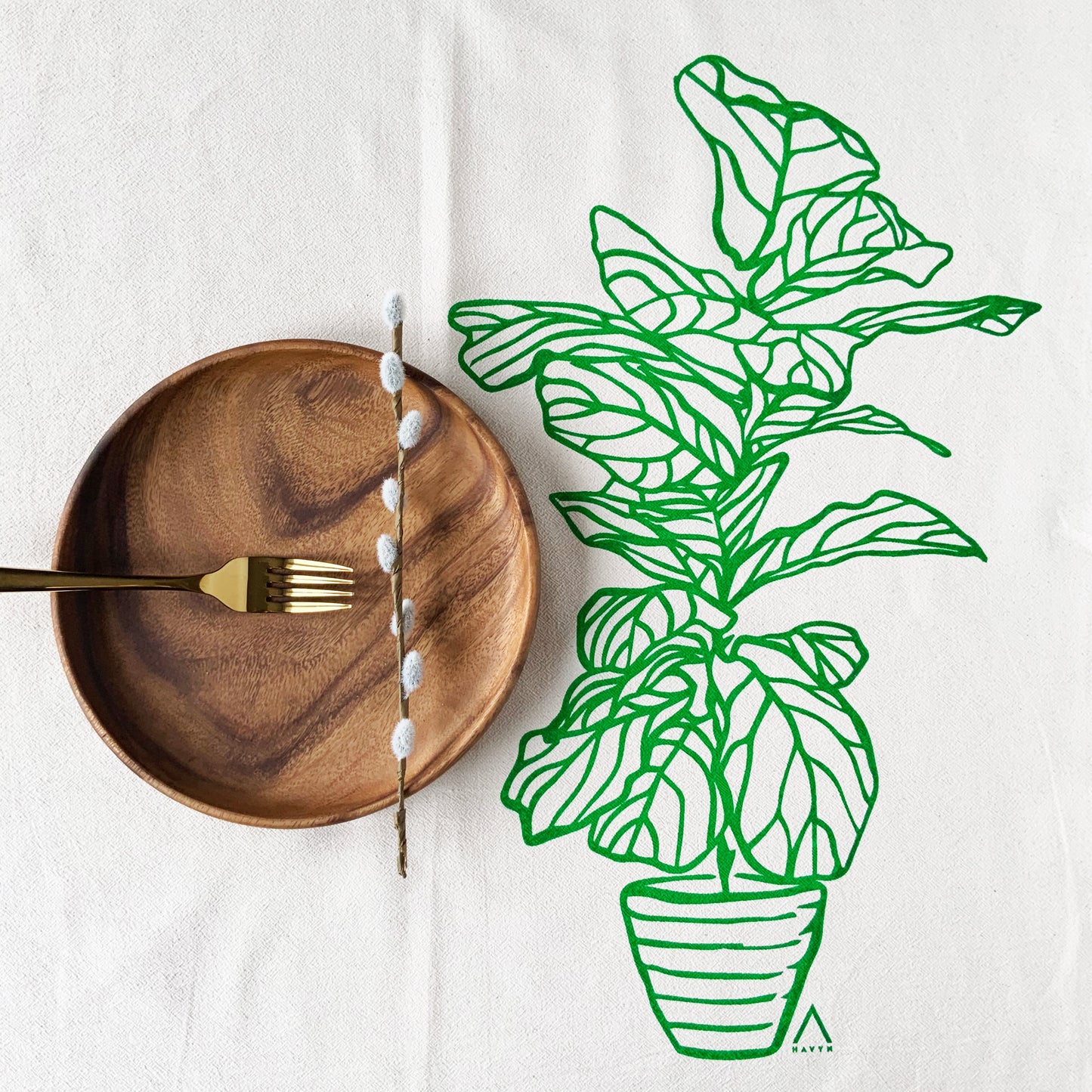 Big Fig Tree Hand Printed Organic Tea Towel - Black or Green
