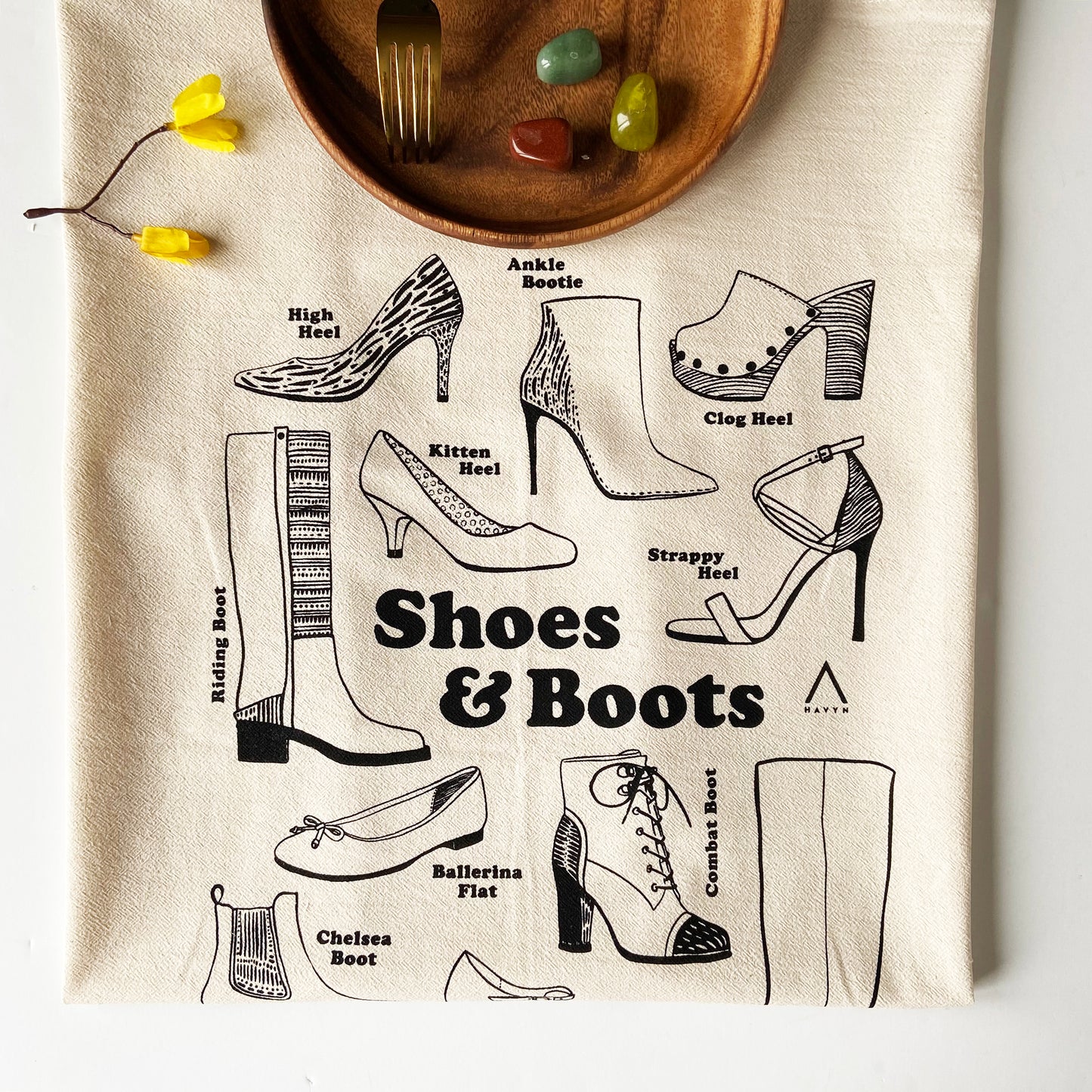 Shoes and Boots Hand Printed Organic Tea Towel
