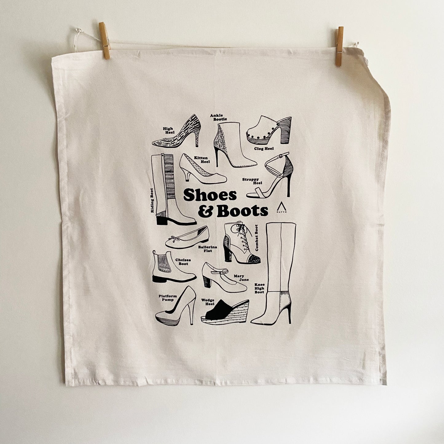 Shoes and Boots Hand Printed Organic Tea Towel