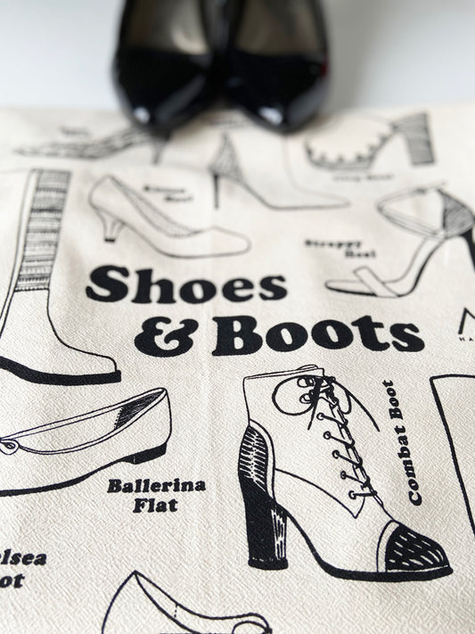 Shoes and Boots Hand Printed Organic Tea Towel